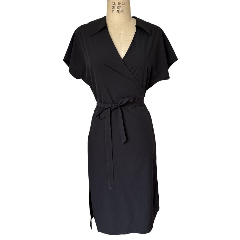 Margo Paige Vented Midi Wrap Dress in Black Size Large Minimal